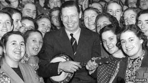 George Formby and his ukelele among a crowd of war workers during a free concert in northern England in 1940